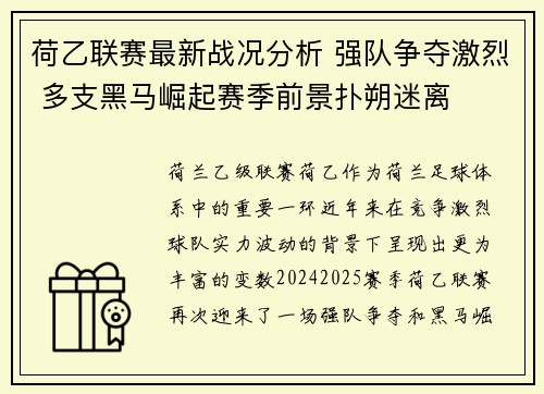 荷乙联赛最新战况分析 强队争夺激烈 多支黑马崛起赛季前景扑朔迷离