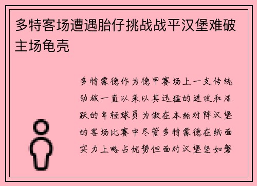 多特客场遭遇胎仔挑战战平汉堡难破主场龟壳