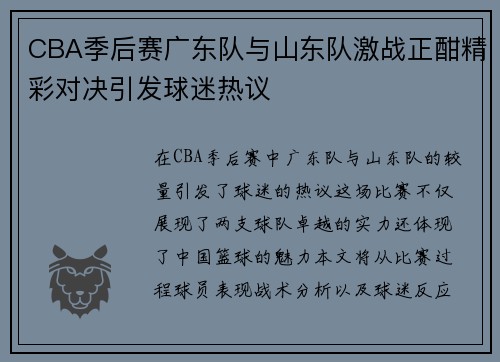 CBA季后赛广东队与山东队激战正酣精彩对决引发球迷热议